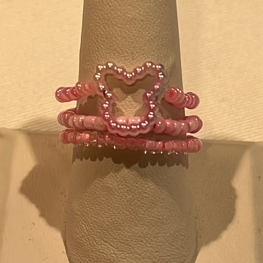 Handmade Beaded Pink Bunny Ring Set, Stretchy